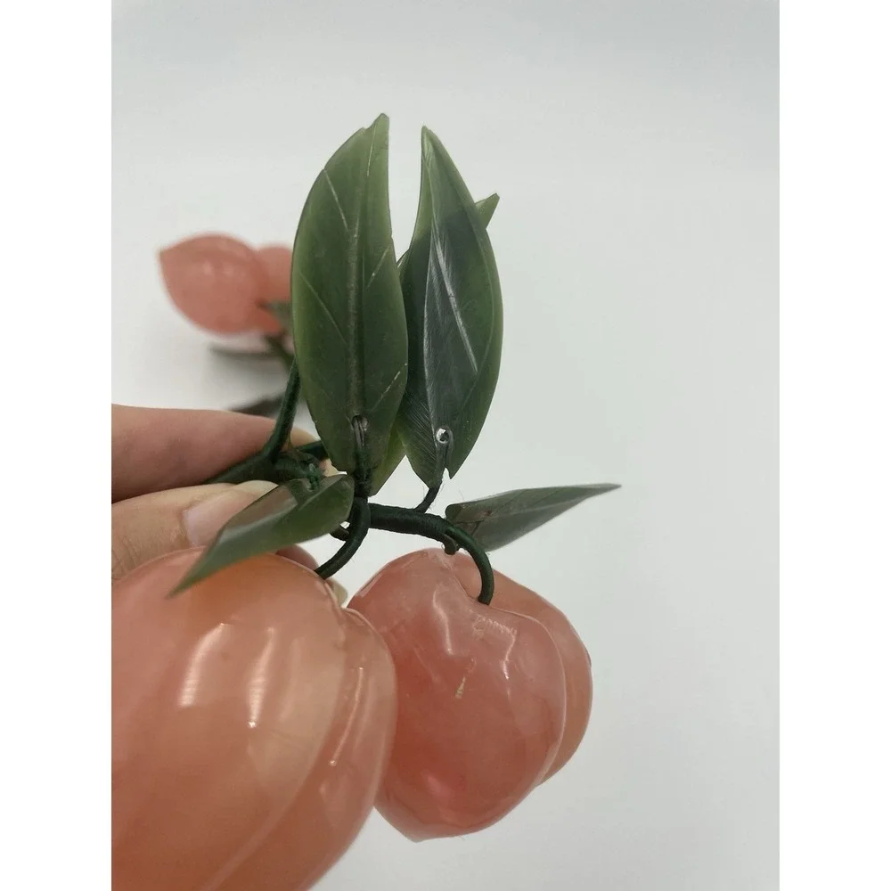 Vintage MCM Green‎ Jade & Rose Quartz Plum Branches With Jade Leaves Set of 2